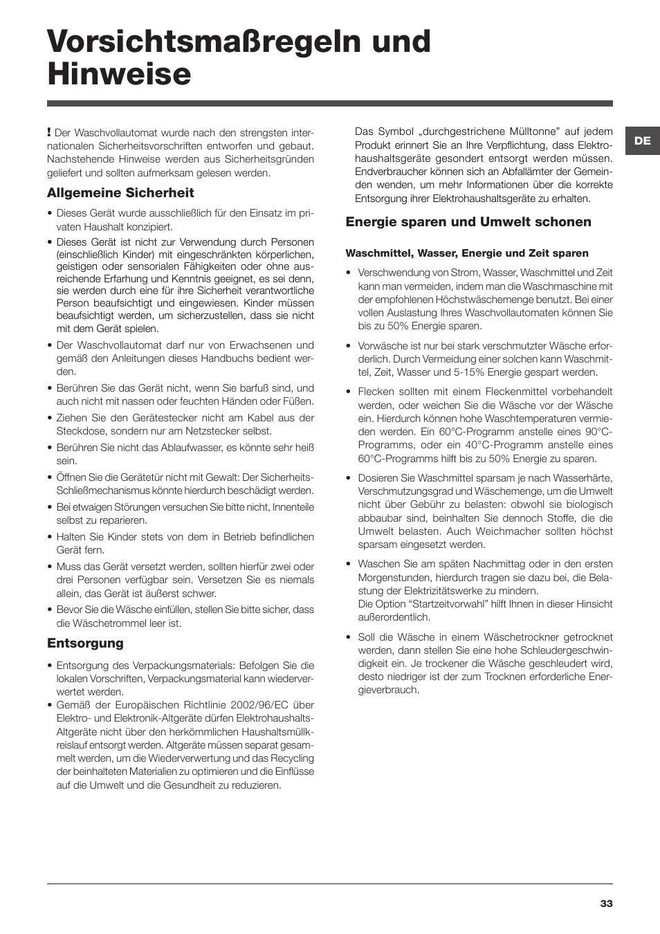 Vorsichtsmaßregeln und hinweise | Hotpoint Ariston ECOT7D 1491 User Manual | Page 33 / 60