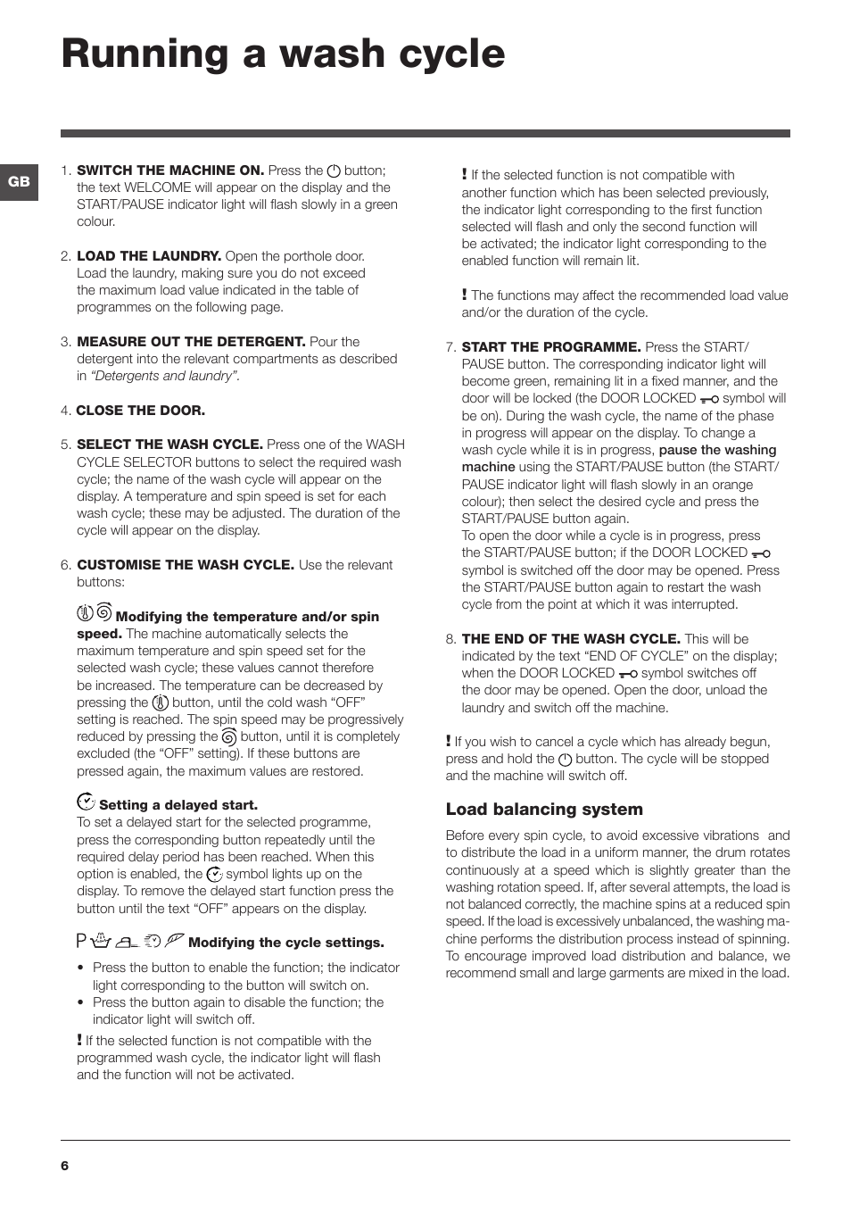Running a wash cycle | Hotpoint Ariston ECOT7D 1491 User Manual | Page 6 / 60