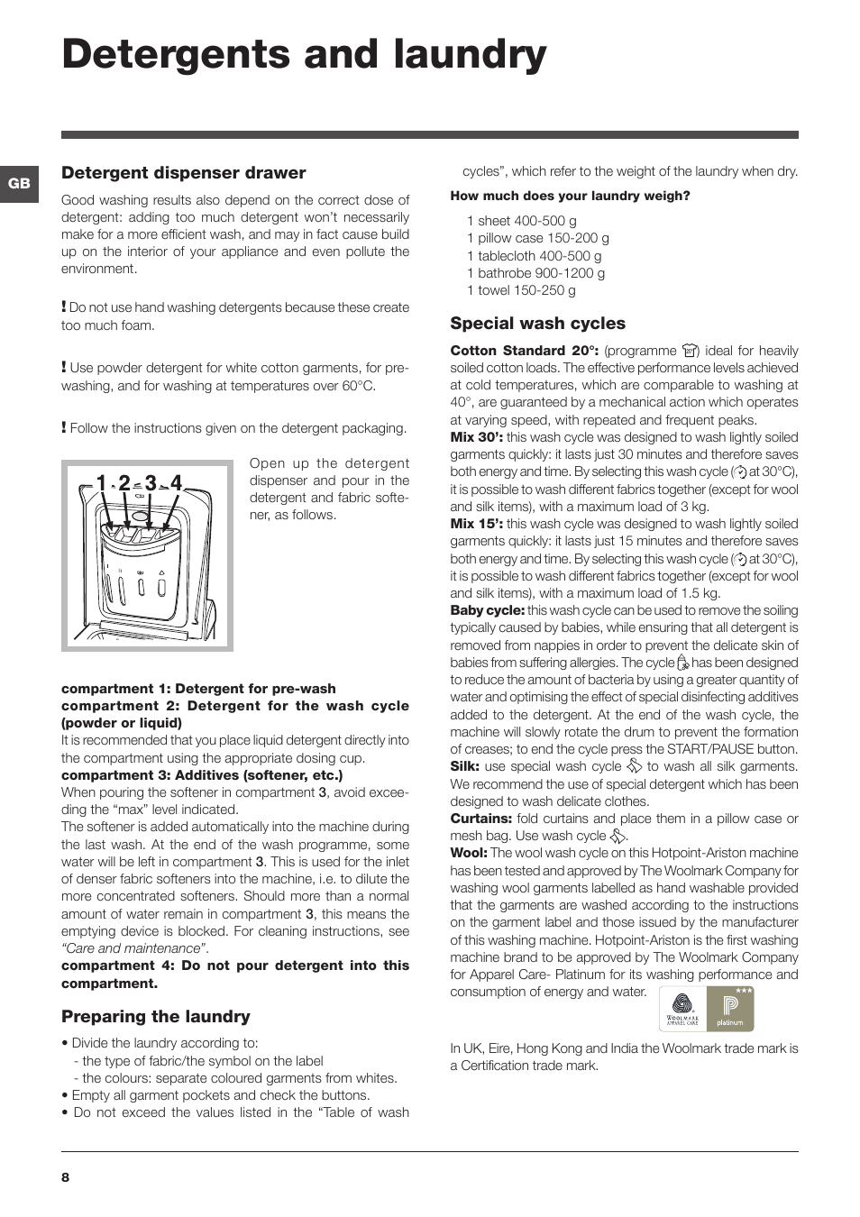 Detergents and laundry | Hotpoint Ariston ECOT7D 1491 User Manual | Page 8 / 60