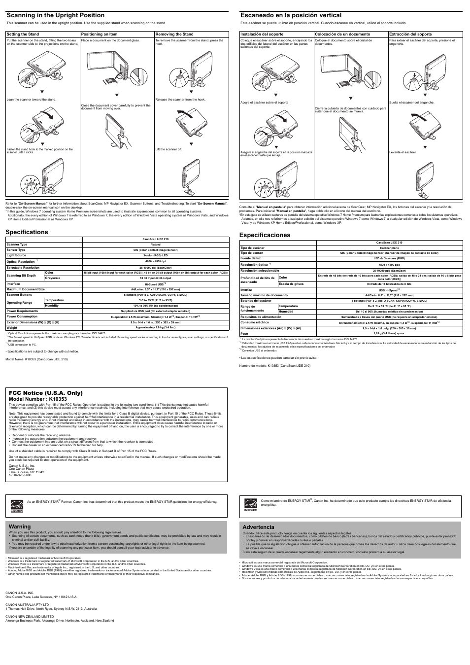 Especificaciones, Escaneado en la posición vertical, Specifications | Scanning in the upright position, Advertencia, Fcc notice (u.s.a. only), Warning | Canon CanoScan Lide210 User Manual | Page 2 / 2