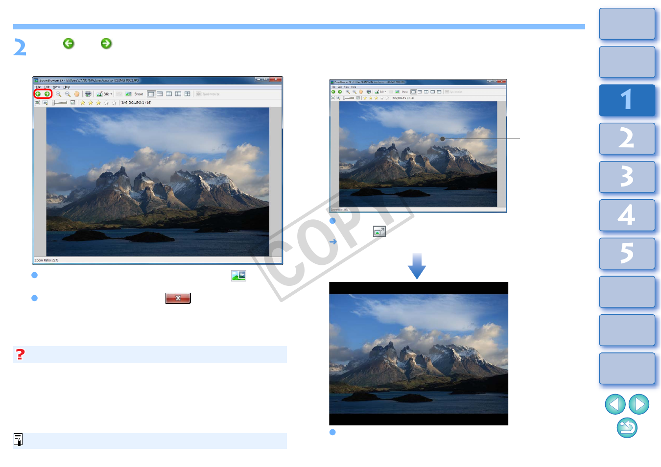 Displaying an image across the whole window, Full view display), Displaying an image across the whole window (full | View display), Cop y | Canon EOS Rebel T3i 18-55mm IS II Lens Kit User Manual | Page 15 / 100