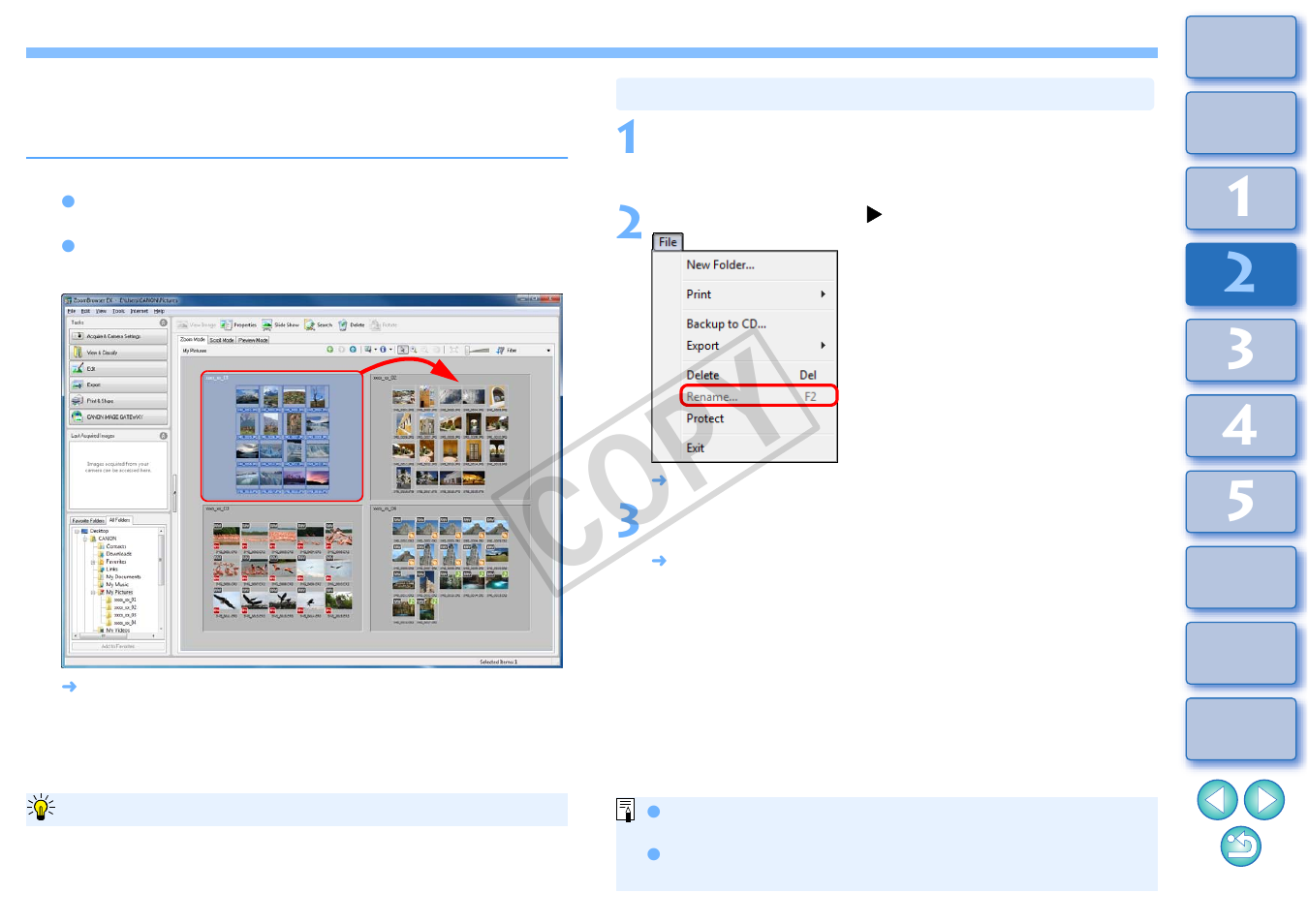 Moving images in folders, Changing image file names or folder names, Cop y | Canon EOS Rebel T3i 18-55mm IS II Lens Kit User Manual | Page 30 / 100