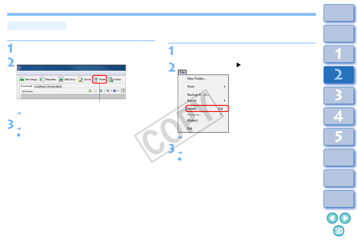 Deleting images, Deleting folders, Cop y | Canon EOS Rebel T3i 18-55mm IS II Lens Kit User Manual | Page 31 / 100