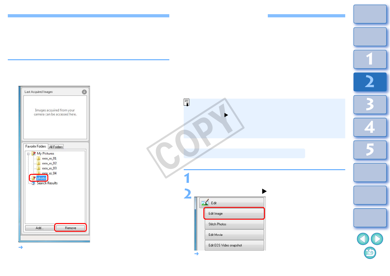 Editing an image, Deleting favorite folders, Automatic adjustment using zb | Cop y | Canon EOS Rebel T3i 18-55mm IS II Lens Kit User Manual | Page 33 / 100