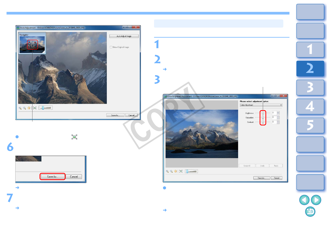 Adjusting brightness, color and contrast, Cop y | Canon EOS Rebel T3i 18-55mm IS II Lens Kit User Manual | Page 35 / 100