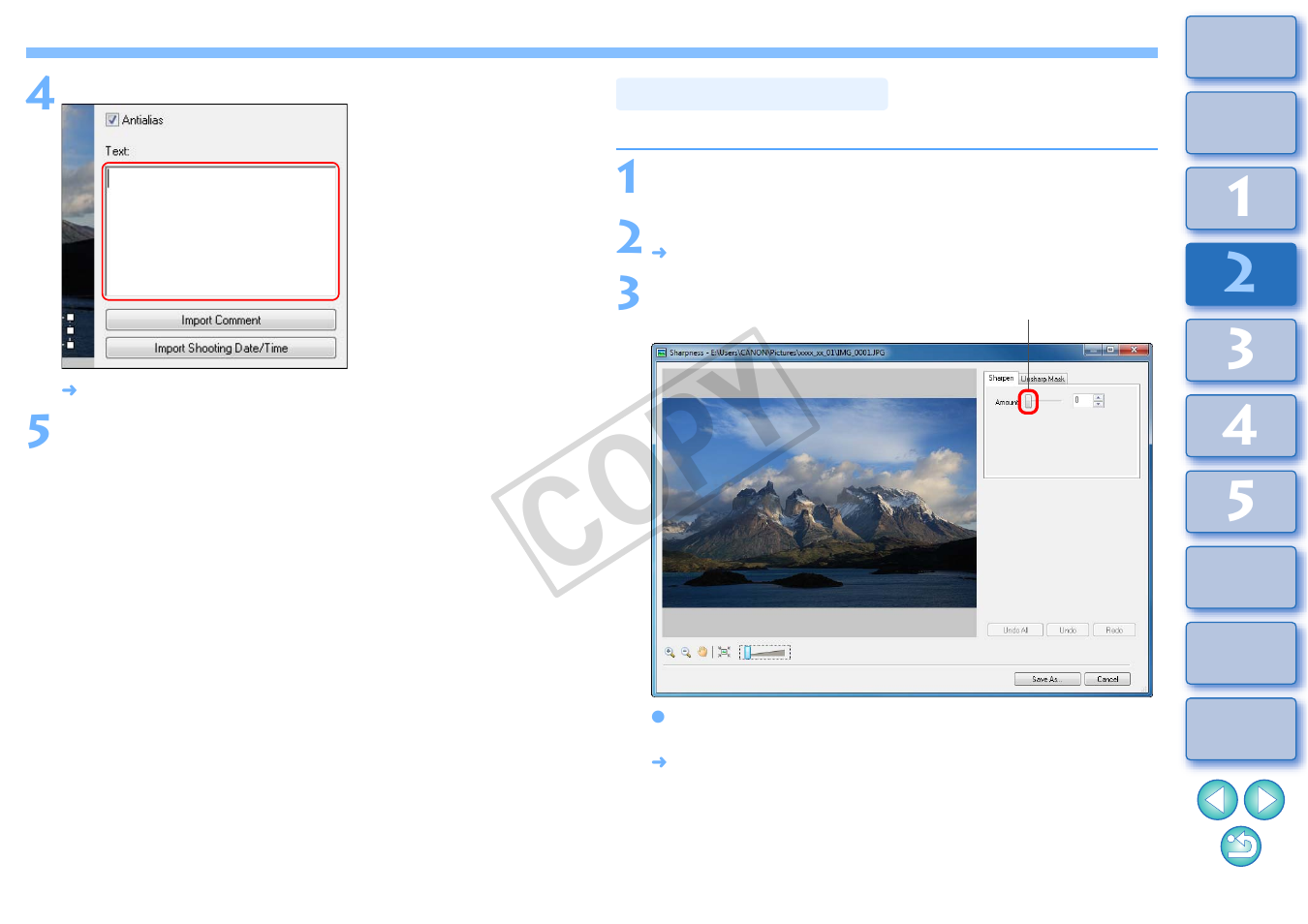 Adjusting sharpness, Cop y | Canon EOS Rebel T3i 18-55mm IS II Lens Kit User Manual | Page 38 / 100