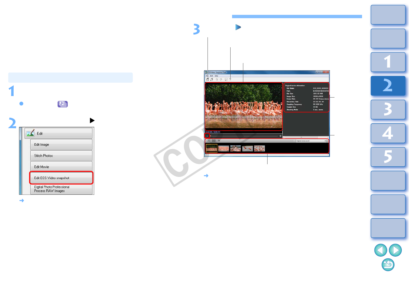 Using the video snapshot album window, Playing video snapshot albums, Cop y | Canon EOS Rebel T3i 18-55mm IS II Lens Kit User Manual | Page 46 / 100