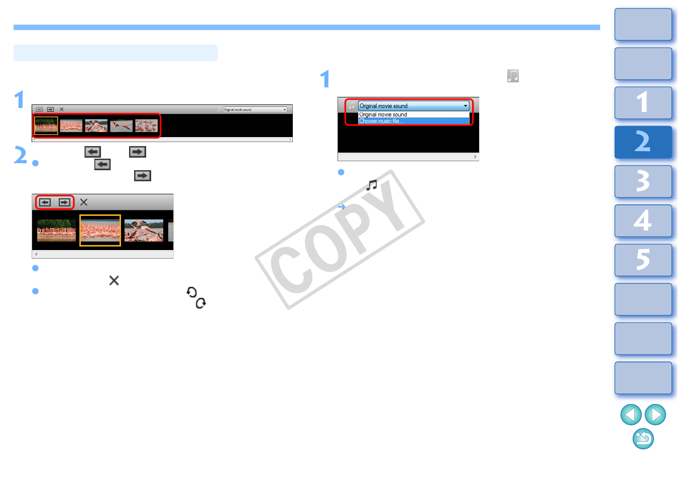 Editing video snapshot albums, Changing the order of video snapshots, Adding background music to video snapshot | Albums, Cop y | Canon EOS Rebel T3i 18-55mm IS II Lens Kit User Manual | Page 47 / 100
