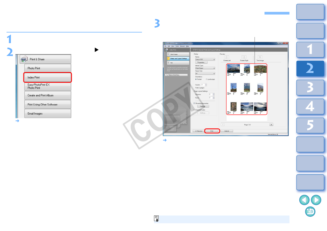 Printing multiple images on one sheet of paper, Index printing), Cop y | Canon EOS Rebel T3i 18-55mm IS II Lens Kit User Manual | Page 55 / 100