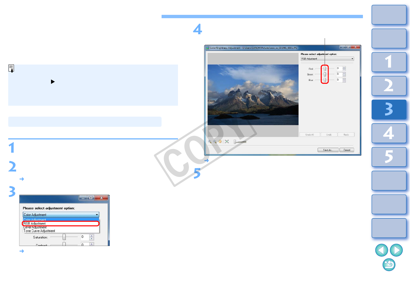 Performing advanced editing, Adjusting the color of an image in rgb, Cop y | Canon EOS Rebel T3i 18-55mm IS II Lens Kit User Manual | Page 70 / 100