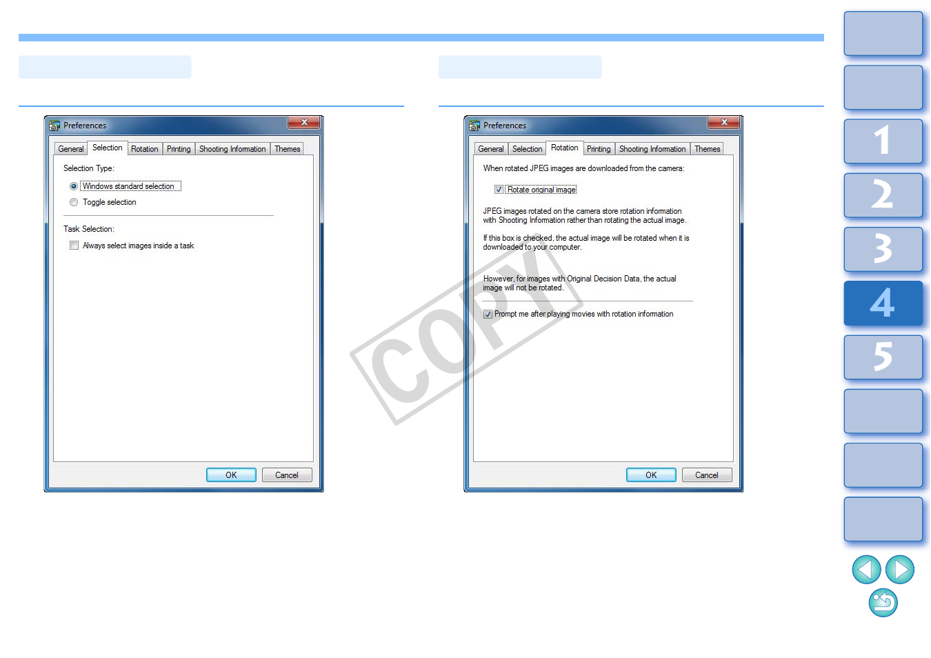 Selection settings, Rotation settings, Cop y | Canon EOS Rebel T3i 18-55mm IS II Lens Kit User Manual | Page 79 / 100