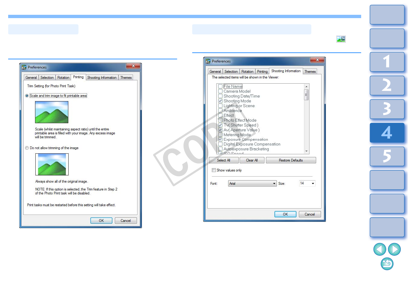 Printing settings, Shooting information settings, Cop y | Canon EOS Rebel T3i 18-55mm IS II Lens Kit User Manual | Page 80 / 100