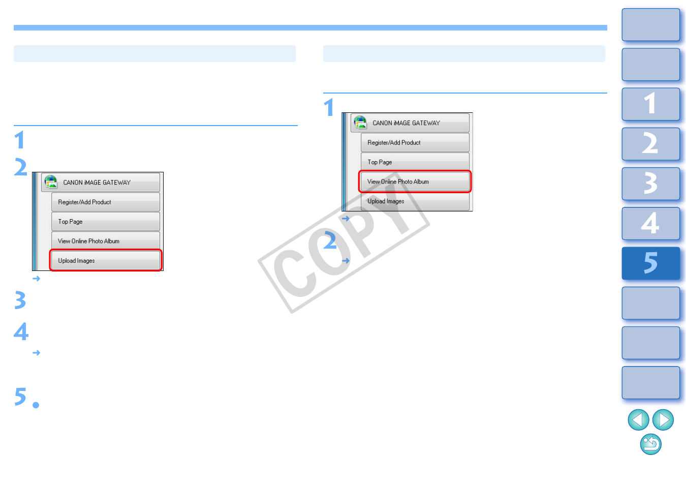 Uploading images in a canon image gateway, Album, Displaying a registered canon image gateway | Cop y | Canon EOS Rebel T3i 18-55mm IS II Lens Kit User Manual | Page 85 / 100