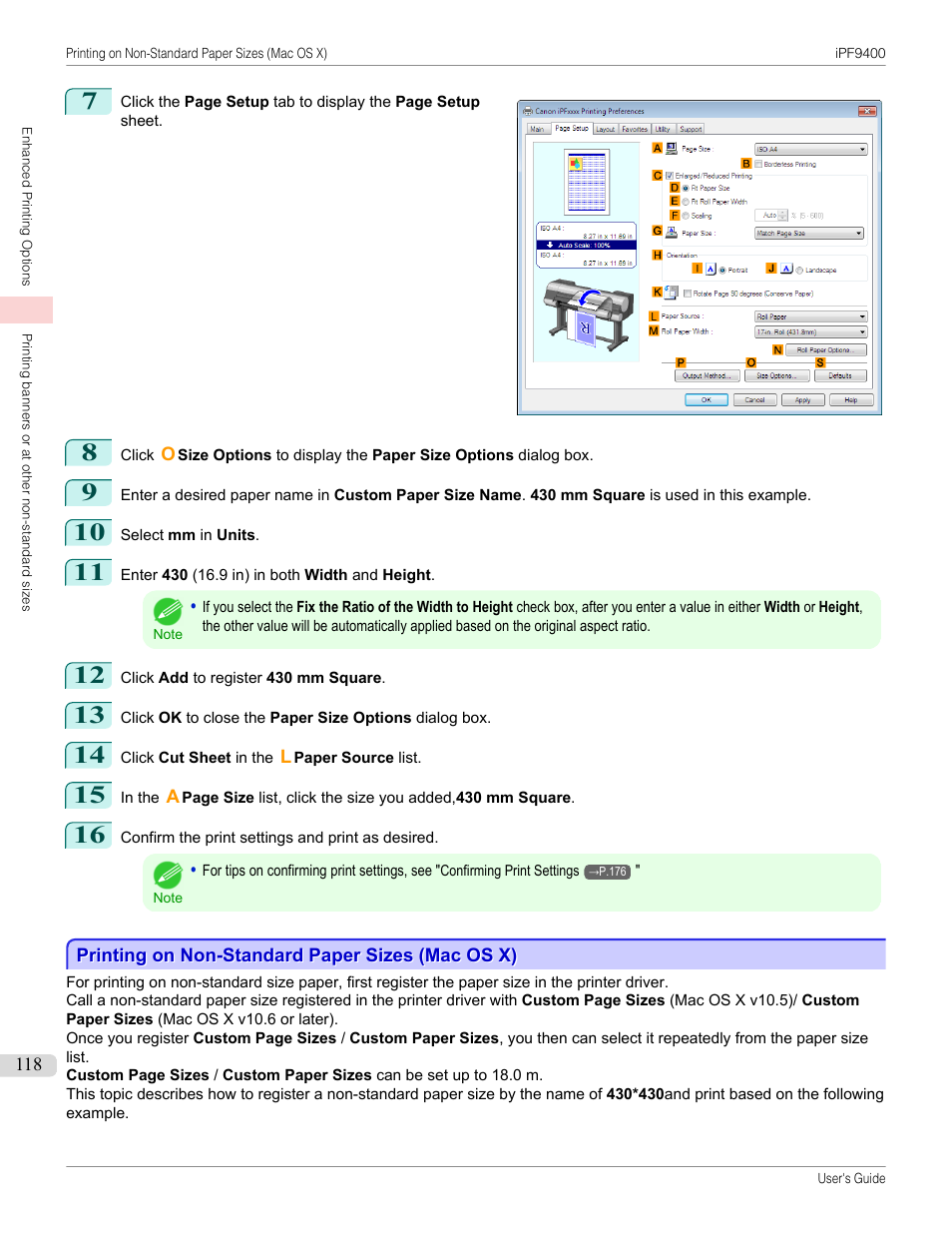 Printing on non-standard paper sizes (mac os x), P.118 | Canon imagePROGRAF iPF9400 User Manual | Page 118 / 964