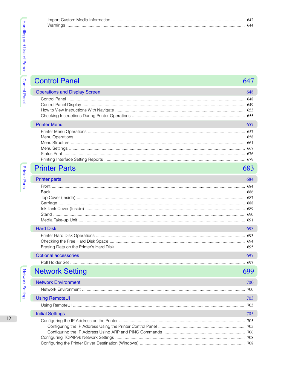 Control panel 647, Printer parts 683, Network setting 699 | Canon imagePROGRAF iPF9400 User Manual | Page 12 / 964