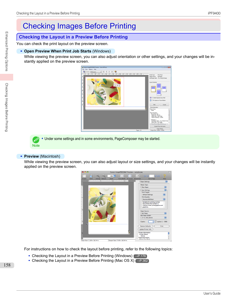 Checking images before printing, Checking the layout in a preview before printing | Canon imagePROGRAF iPF9400 User Manual | Page 158 / 964