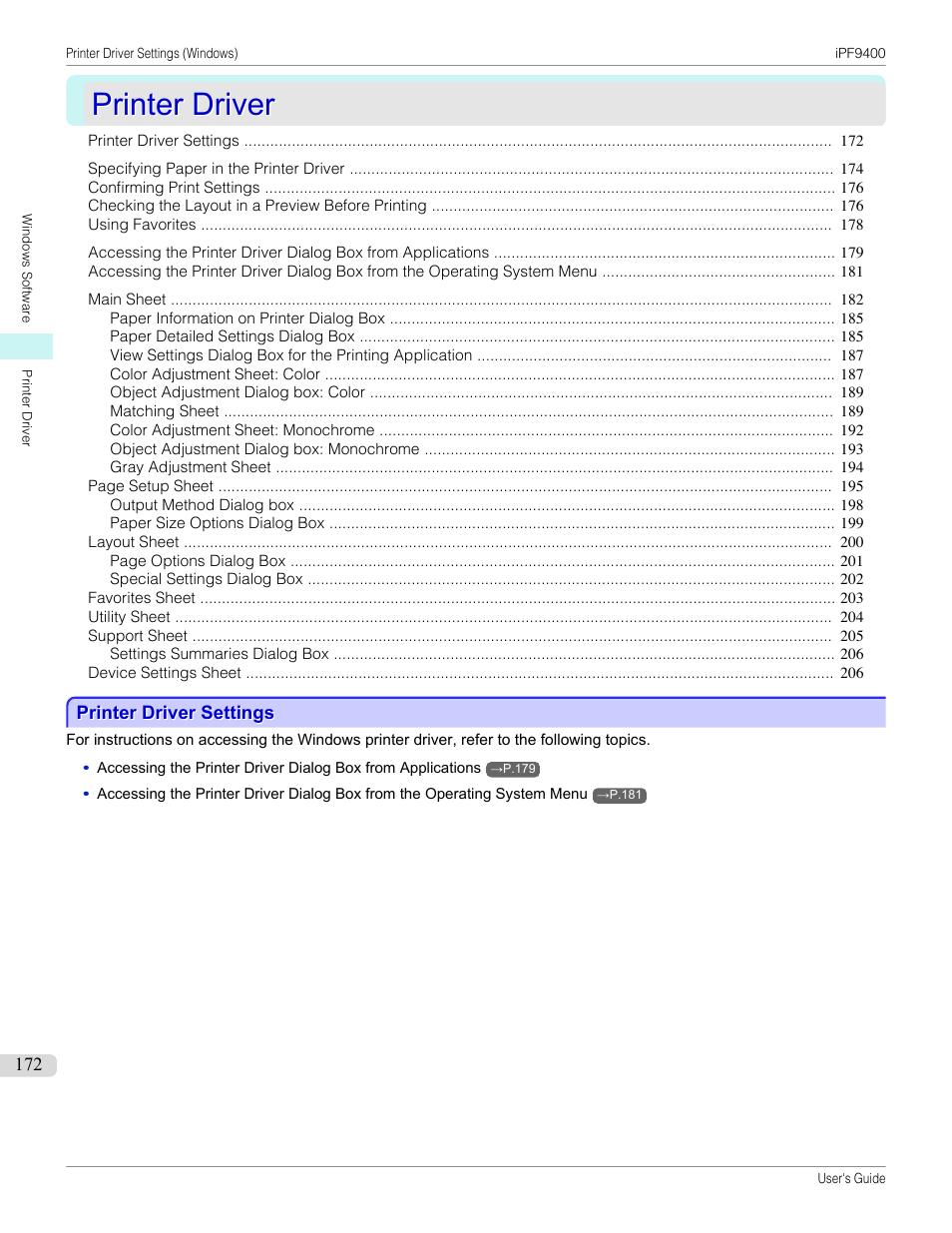 Printer driver, Printer driver settings, P.172 | Canon imagePROGRAF iPF9400 User Manual | Page 172 / 964