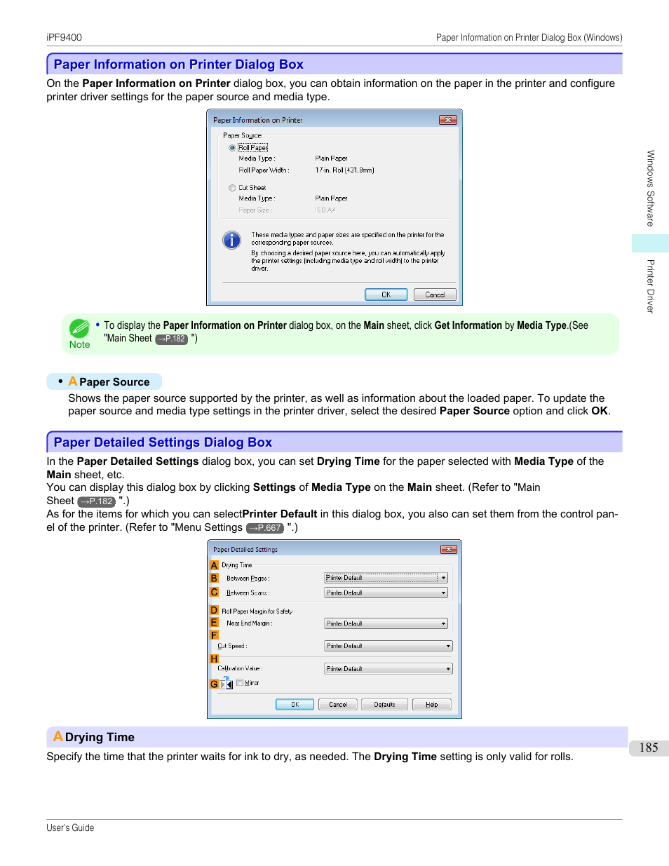 Paper information on printer dialog box, Paper detailed settings dialog box, P.185 | Canon imagePROGRAF iPF9400 User Manual | Page 185 / 964