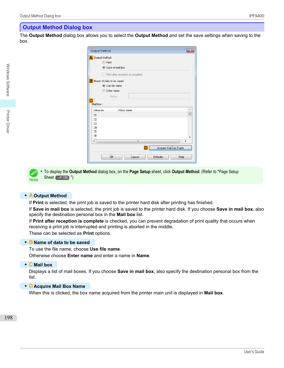 Output method dialog box, P.198 | Canon imagePROGRAF iPF9400 User Manual | Page 198 / 964