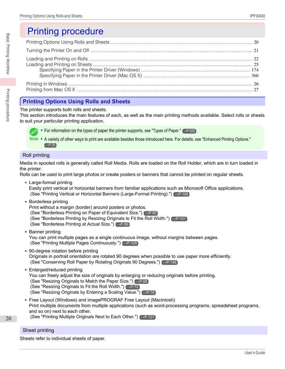 Printing procedure, Printing options using rolls and sheets | Canon imagePROGRAF iPF9400 User Manual | Page 20 / 964