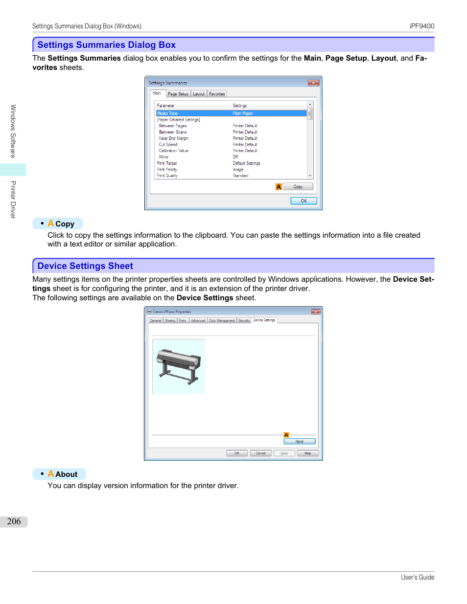 Settings summaries dialog box, Device settings sheet, P.206 | Canon imagePROGRAF iPF9400 User Manual | Page 206 / 964
