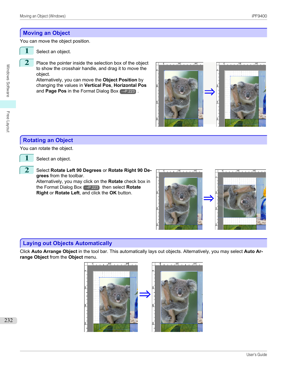 Moving an object, Rotating an object, Laying out objects automatically | Canon imagePROGRAF iPF9400 User Manual | Page 232 / 964