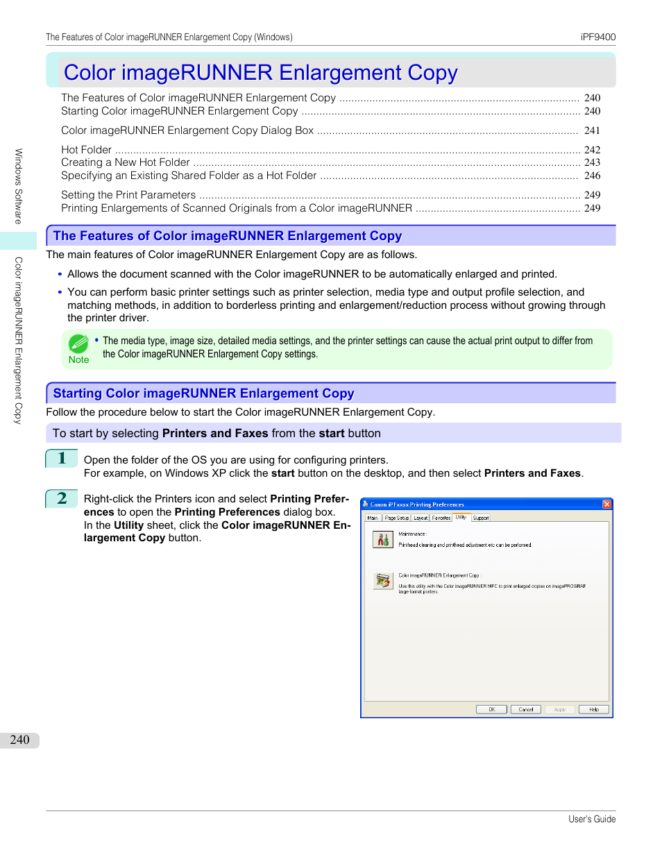 Color imagerunner enlargement copy, The features of color imagerunner enlargement copy, Starting color imagerunner enlargement copy | P.240 | Canon imagePROGRAF iPF9400 User Manual | Page 240 / 964