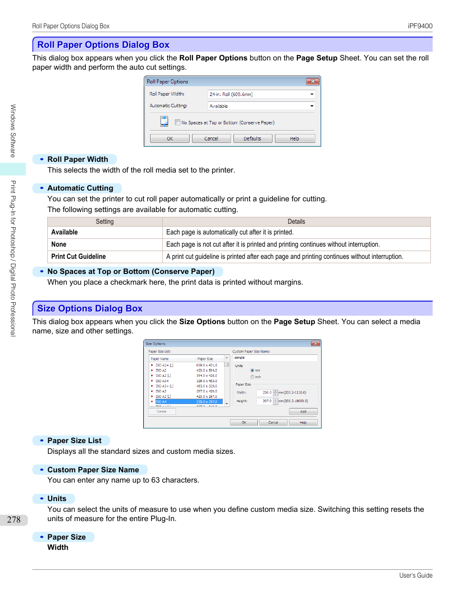 Roll paper options dialog box, Size options dialog box, P.278 | See "size options dialog box | Canon imagePROGRAF iPF9400 User Manual | Page 278 / 964