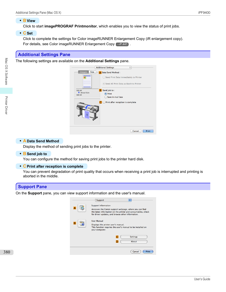Additional settings pane, Support pane, Additional settings pane support pane | P.380 | Canon imagePROGRAF iPF9400 User Manual | Page 380 / 964