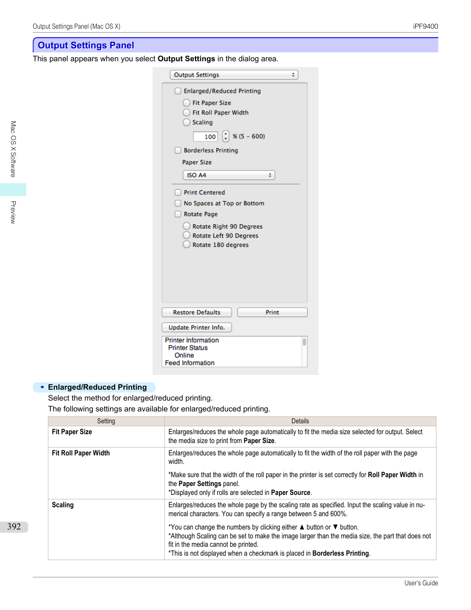 Output settings panel | Canon imagePROGRAF iPF9400 User Manual | Page 392 / 964