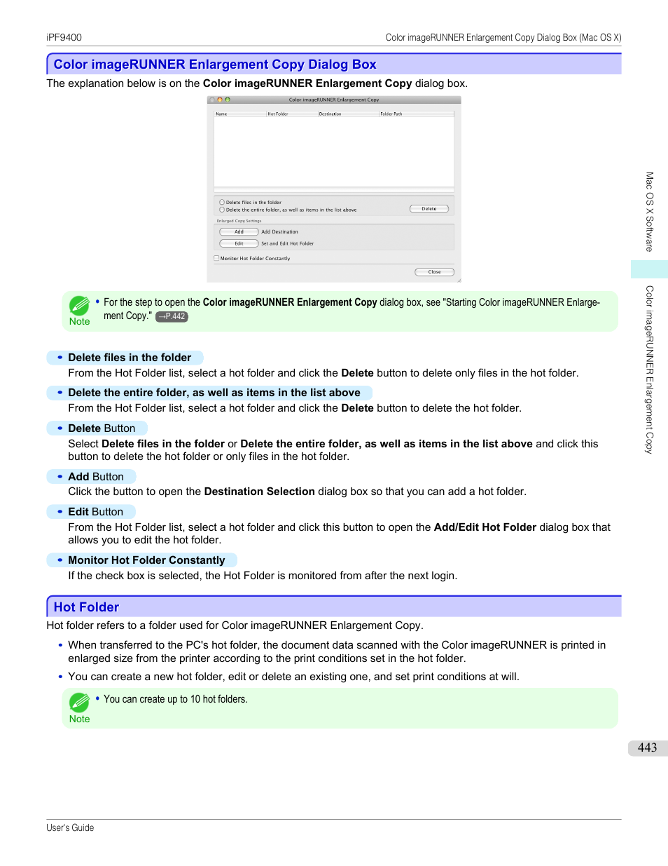 Color imagerunner enlargement copy dialog box, Hot folder | Canon imagePROGRAF iPF9400 User Manual | Page 443 / 964