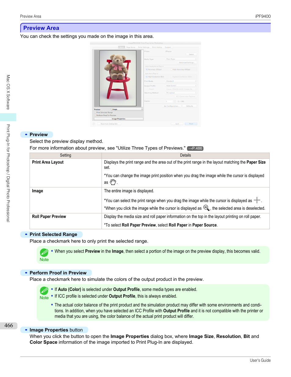 Preview area, See "preview area, P.466 | Canon imagePROGRAF iPF9400 User Manual | Page 466 / 964