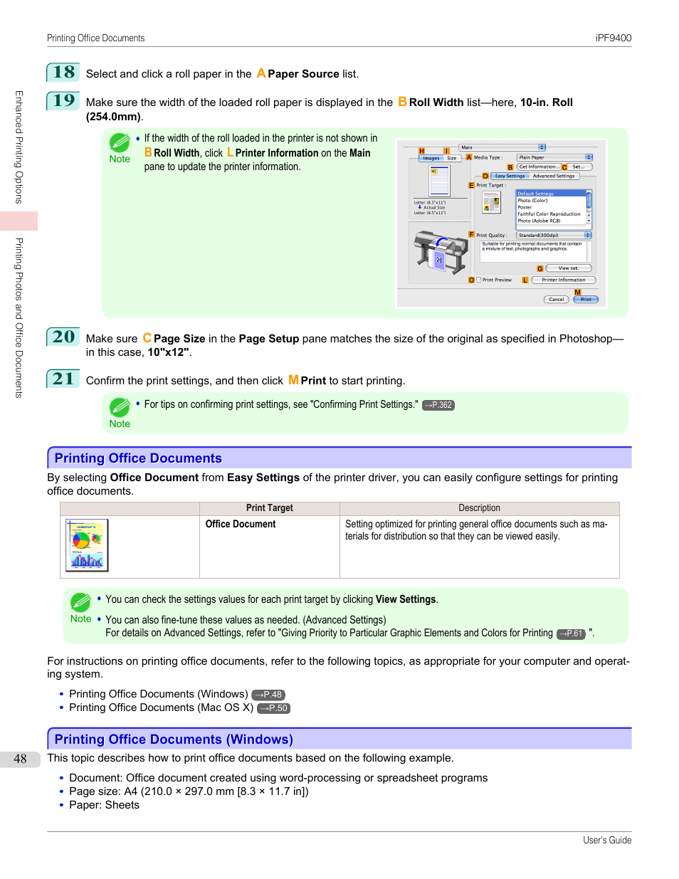 Printing office documents, Printing office documents (windows) | Canon imagePROGRAF iPF9400 User Manual | Page 48 / 964