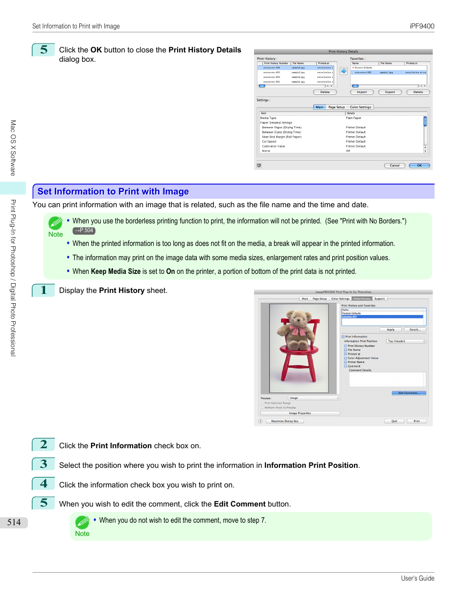 Set information to print with image, See "set information to print with image, P.514 | Canon imagePROGRAF iPF9400 User Manual | Page 514 / 964