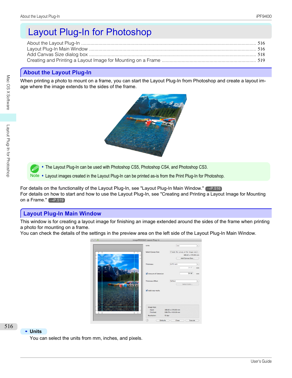 Layout plug-in for photoshop, About the layout plug-in, Layout plug-in main window | See "about the layout plug-in."), P.516 | Canon imagePROGRAF iPF9400 User Manual | Page 516 / 964