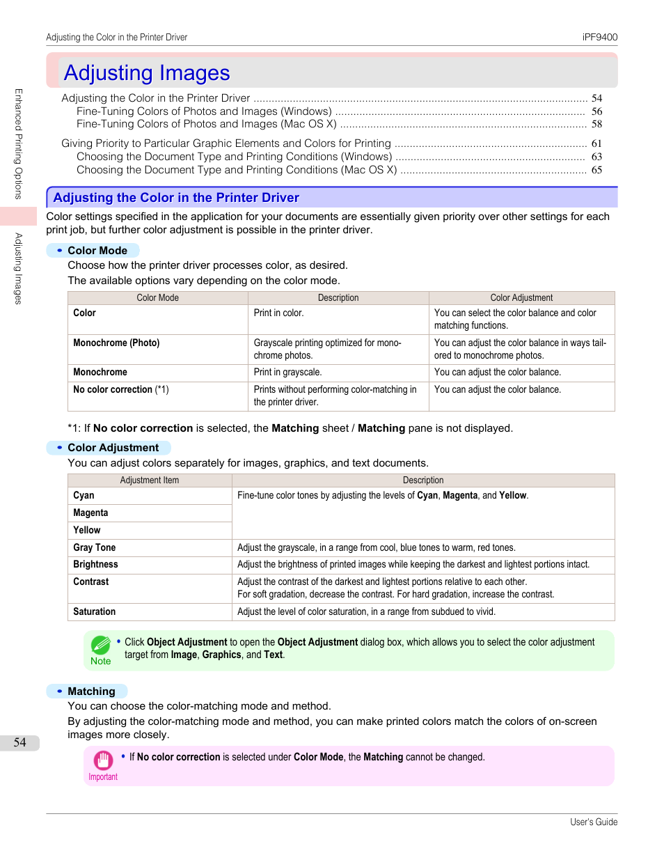 Adjusting images, Adjusting the color in the printer driver | Canon imagePROGRAF iPF9400 User Manual | Page 54 / 964