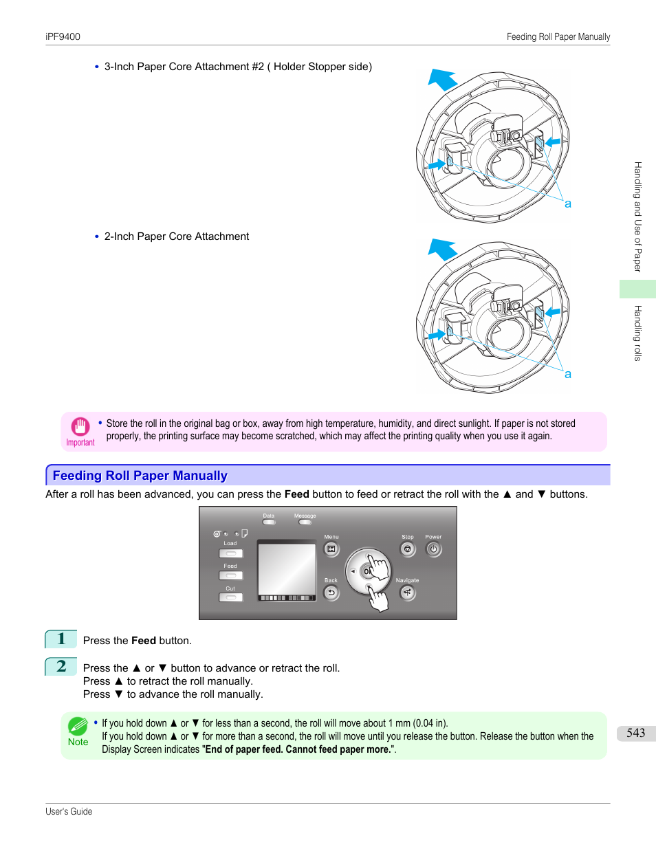 Feeding roll paper manually | Canon imagePROGRAF iPF9400 User Manual | Page 543 / 964