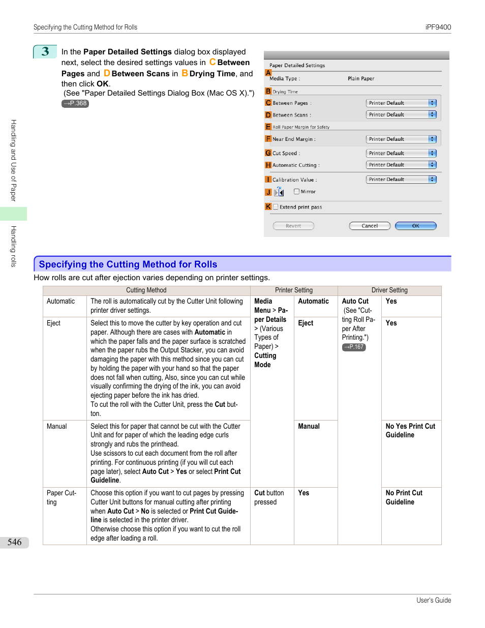 Specifying the cutting method for rolls, P.546, See "specifying the cutting method for rolls | See "specifying the cutting method for rolls.") | Canon imagePROGRAF iPF9400 User Manual | Page 546 / 964