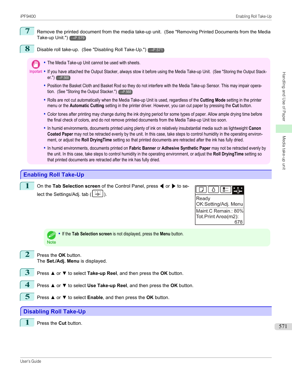 Enabling roll take-up, Disabling roll take-up, Enabling roll take-up disabling roll take-up | P.571 | Canon imagePROGRAF iPF9400 User Manual | Page 571 / 964