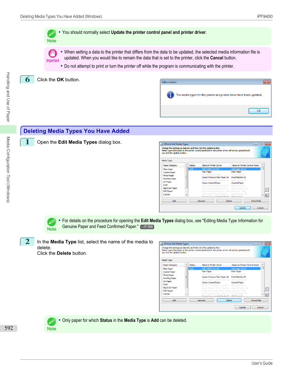 Deleting media types you have added, See "deleting media types you have added, P.592 | Canon imagePROGRAF iPF9400 User Manual | Page 592 / 964