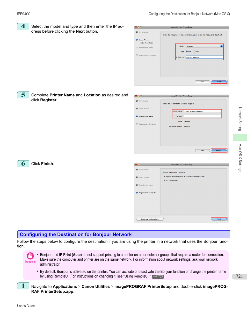 Configuring the destination for bonjour network, P.721 | Canon imagePROGRAF iPF9400 User Manual | Page 721 / 964