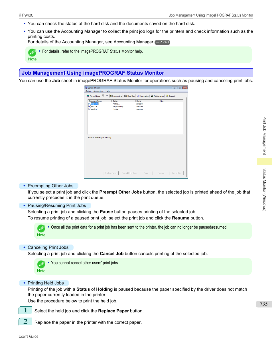 Job management using imageprograf status monitor | Canon imagePROGRAF iPF9400 User Manual | Page 735 / 964