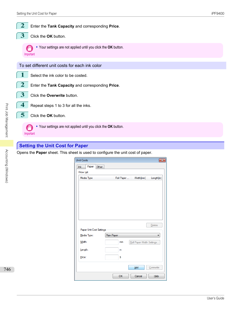 Setting the unit cost for paper, P.746 | Canon imagePROGRAF iPF9400 User Manual | Page 746 / 964