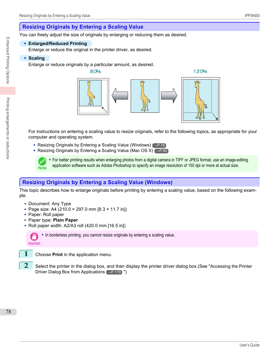 Resizing originals by entering a scaling value, P.78 | Canon imagePROGRAF iPF9400 User Manual | Page 78 / 964