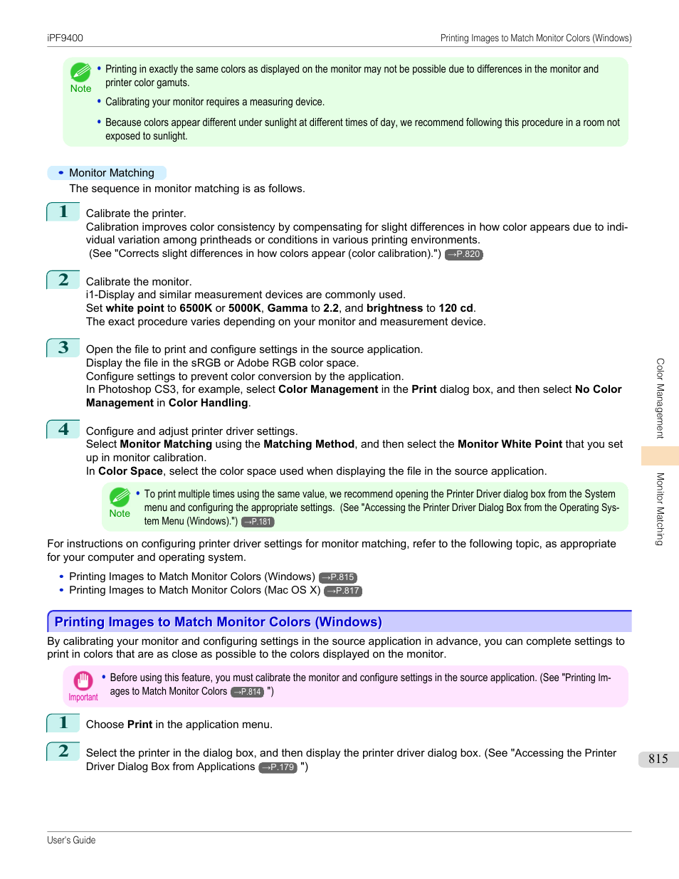 Printing images to match monitor colors (windows) | Canon imagePROGRAF iPF9400 User Manual | Page 815 / 964
