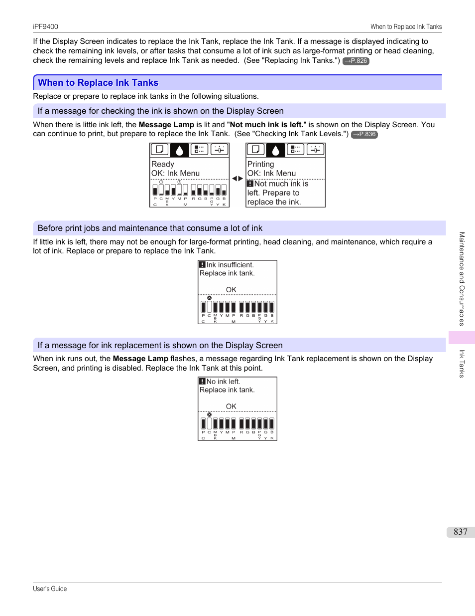 When to replace ink tanks, P.837 | Canon imagePROGRAF iPF9400 User Manual | Page 837 / 964