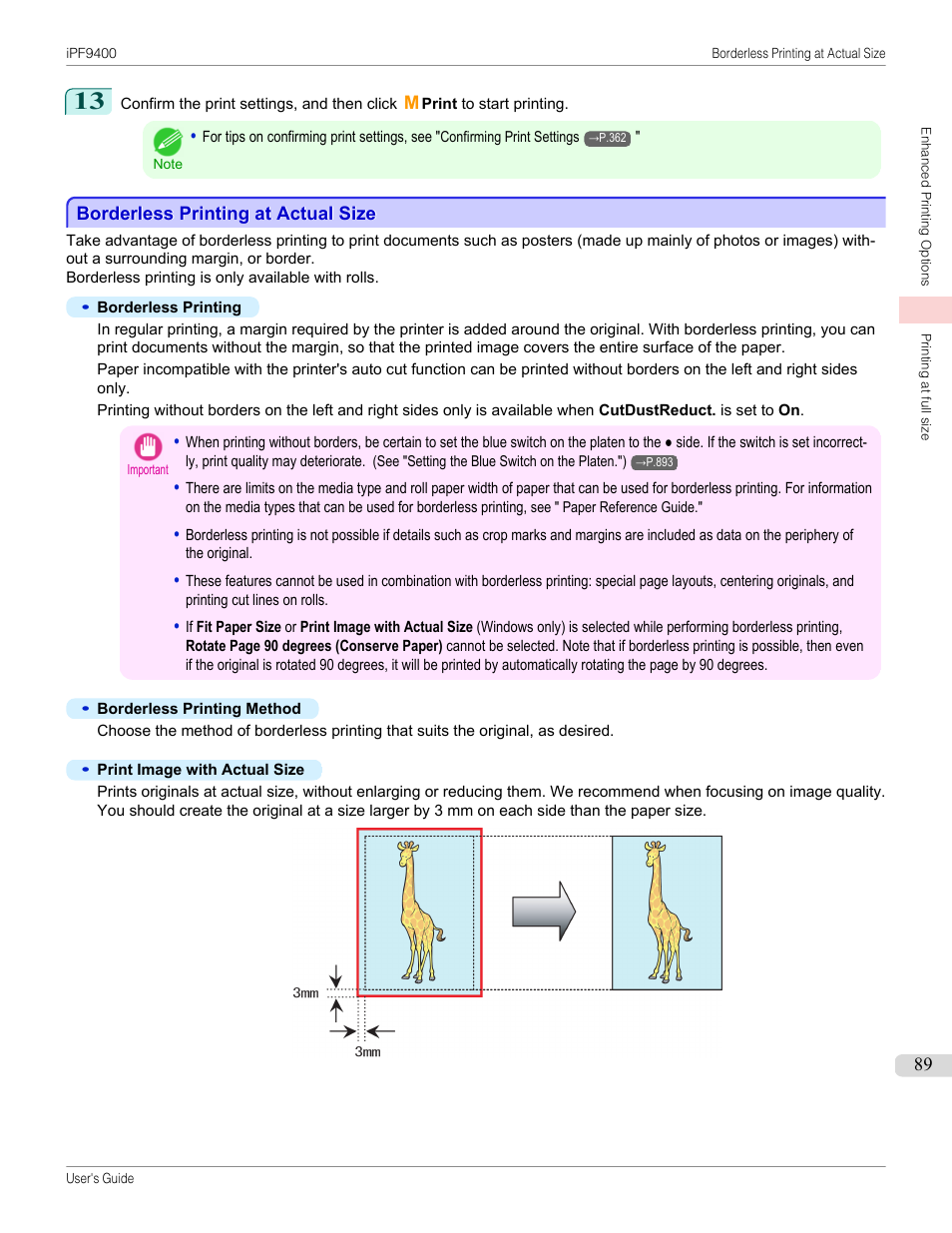 Borderless printing at actual size, See "borderless printing at actual size."), P.89 | Canon imagePROGRAF iPF9400 User Manual | Page 89 / 964