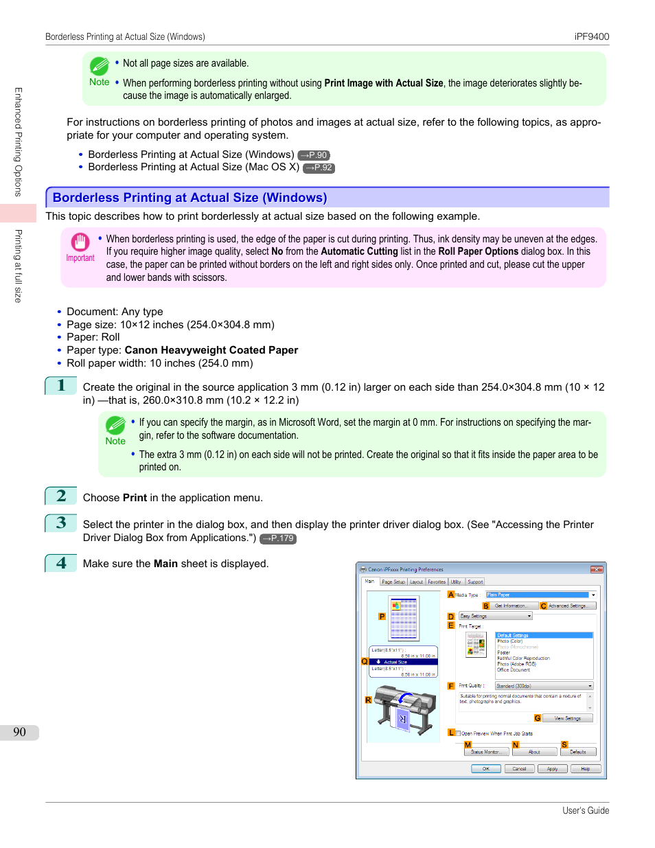 Borderless printing at actual size (windows) | Canon imagePROGRAF iPF9400 User Manual | Page 90 / 964