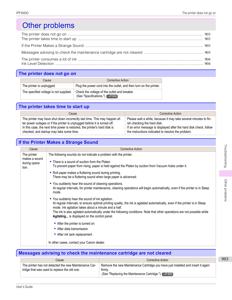 Other problems, The printer does not go on, The printer takes time to start up | If the printer makes a strange sound | Canon imagePROGRAF iPF9400 User Manual | Page 903 / 964