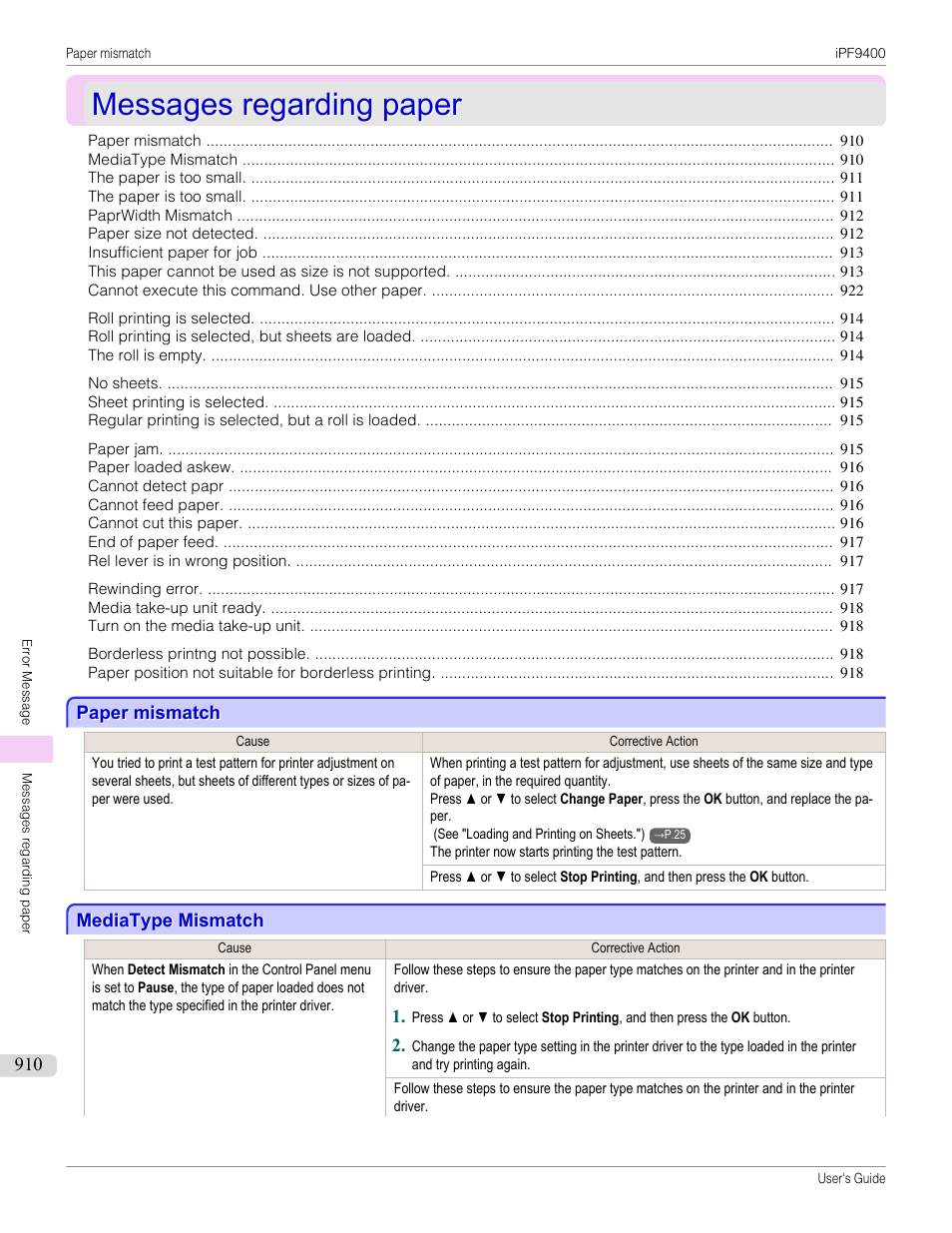 Messages regarding paper, Paper mismatch, Mediatype mismatch | Paper mismatch mediatype mismatch | Canon imagePROGRAF iPF9400 User Manual | Page 910 / 964